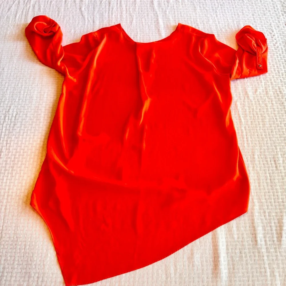 Cato Orange Asymmetrical Hem V-Neck Roll Tab Sleeve Blouse Top Womens Size Large